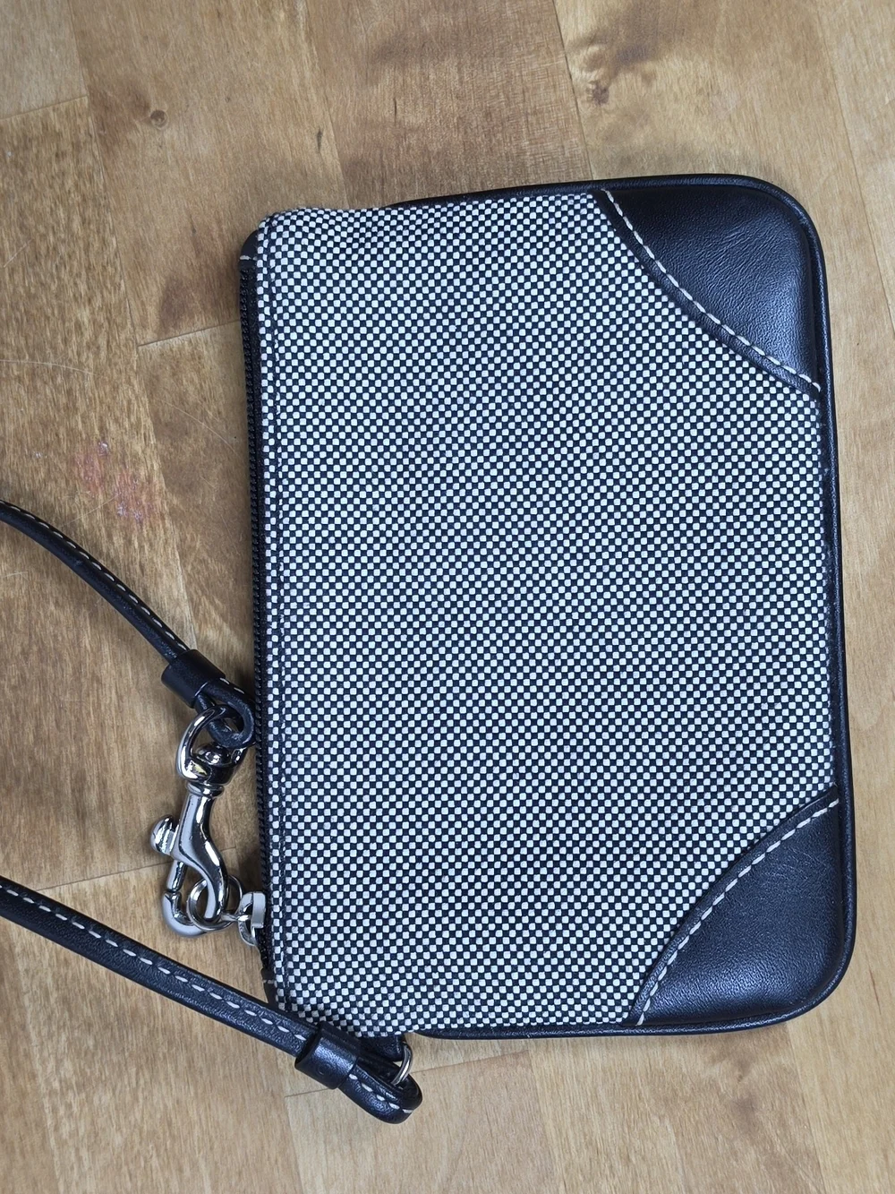 Coach Black White Check Fabric Leather Trim Small Wristlet Pouch Womens